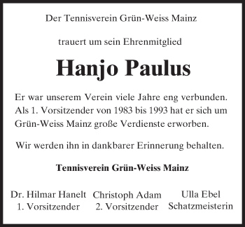 Traueranzeige von Hanjo Paulus von trauer.rmp.de