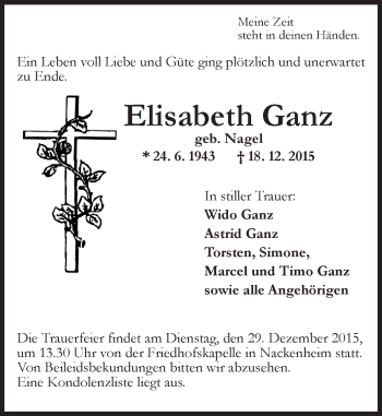 Traueranzeige von Elisabeth Ganz von  Landskrone