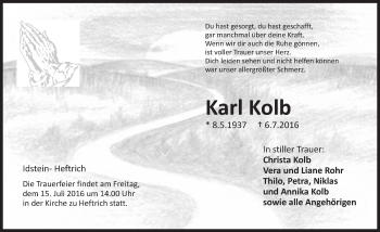 Traueranzeige von Karl Kolb von Trauerportal Rhein Main Presse