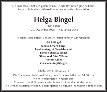 Traueranzeige von Helga Bingel von  Kreisanzeiger
