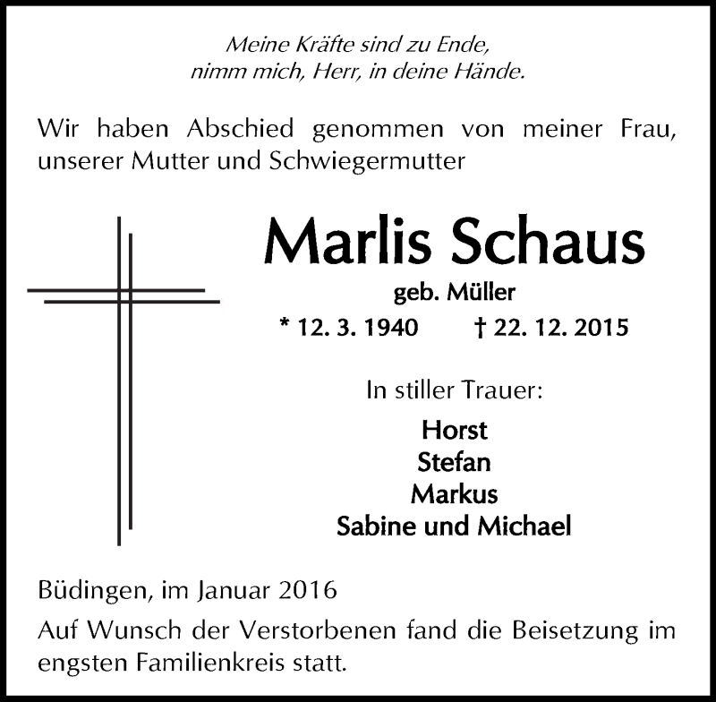  Traueranzeige für Marlis Schaus vom 16.01.2016 aus  Kreisanzeiger
