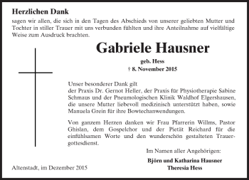 Traueranzeige von Gabriele Hausner von  Sonntags Anzeiger