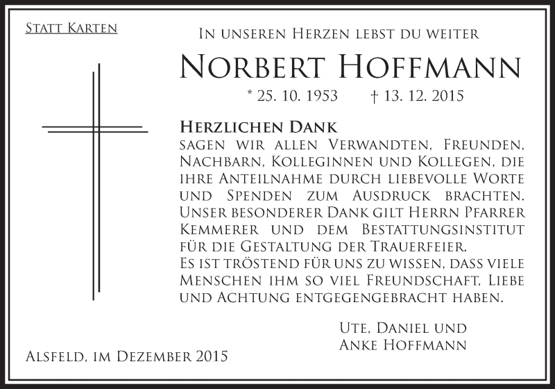  Traueranzeige für Norbert Hoffmann vom 30.12.2015 aus VRM Trauer