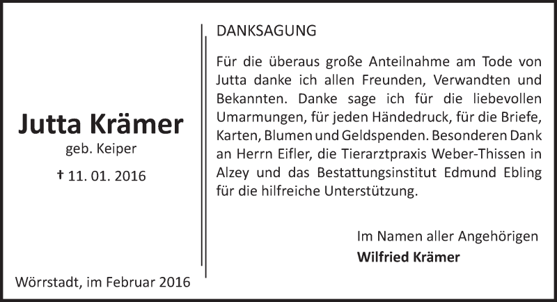  Traueranzeige für Jutta Krämer vom 12.02.2016 aus  Allgemeine Zeitung Alzey