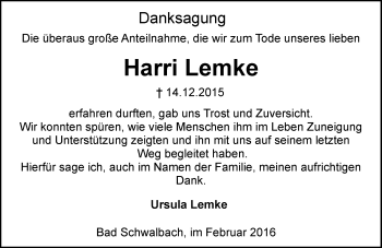 Traueranzeige von Harri Lemke von  WK-UTA/Aar-Bote