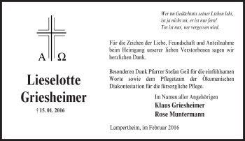 Traueranzeige von Lieselotte Griesheimer von  Bürstädter Zeitung