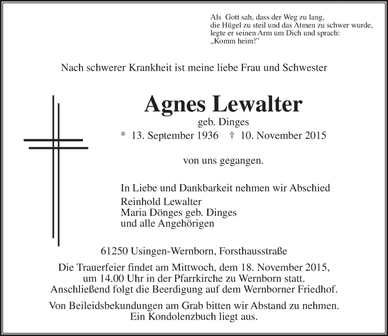  Traueranzeige für Agnes Lewalter vom 14.11.2015 aus  Usinger Anzeiger
