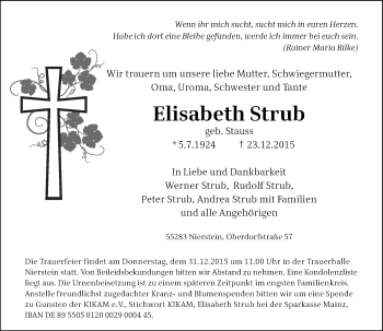 Traueranzeige von Elisabeth Strub von  Landskrone