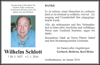 Traueranzeige von Wilhelm Schlott von  GT am Sonntag