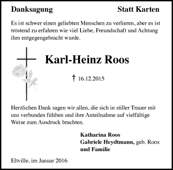 Traueranzeige von Karl-Heinz Roos von  Rheingau
