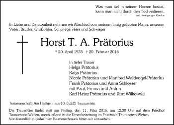 Traueranzeige von Horst T. A. Prätorius von  Wiesbaden komplett
