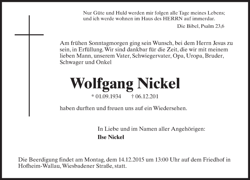  Traueranzeige für Wolfgang Nickel vom 09.12.2015 aus  Wiesbaden komplett