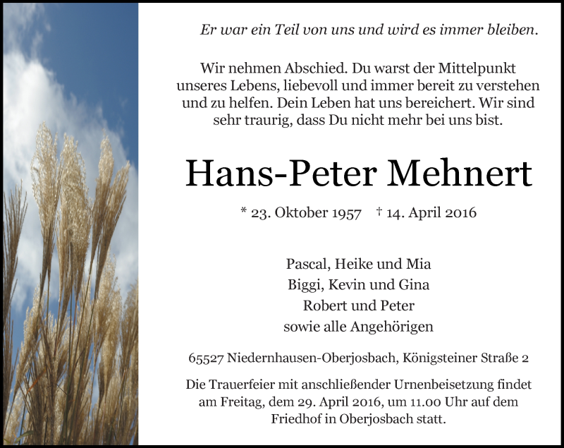  Traueranzeige für Hans-Peter Mehnert vom 20.04.2016 aus  Wiesbaden komplett