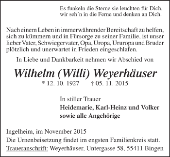 Traueranzeige von Wilhelm Weyerhäuser von  Allgemeine  Zeitung Ingelheim-Bingen