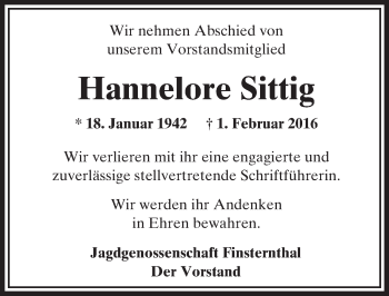 Traueranzeige von Hannelore Sittig von  Usinger Anzeiger