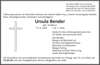 Traueranzeige von Ursula Bender von  Gießener Anzeiger