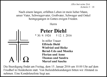 Traueranzeige von Peter Diehl von  Allgemeine  Zeitung Ingelheim-Bingen
