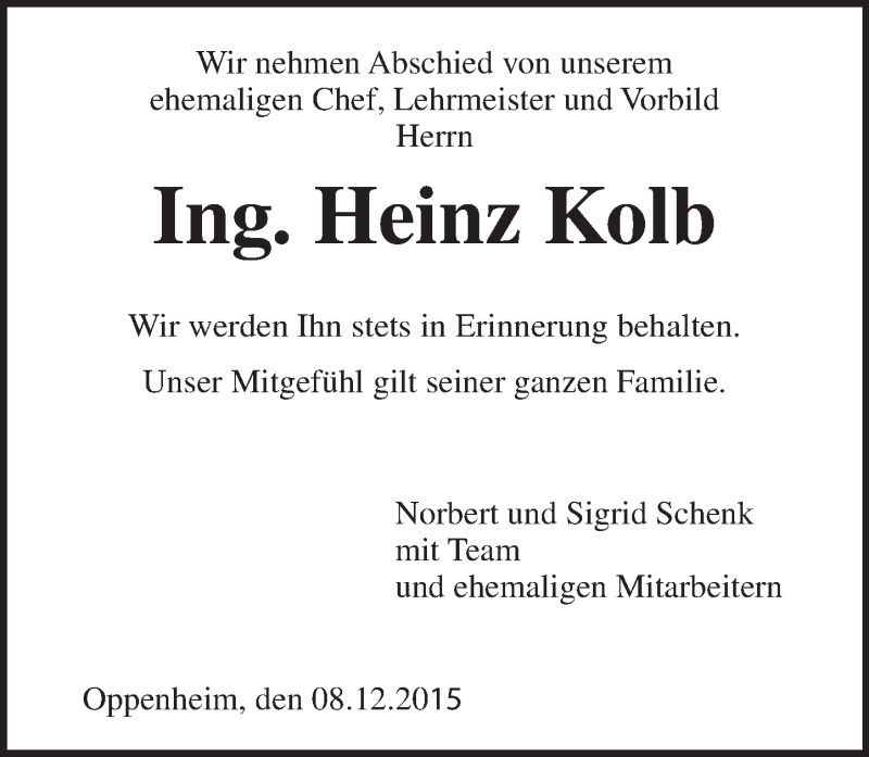  Traueranzeige für Heinz Kolb vom 08.12.2015 aus  Landskrone