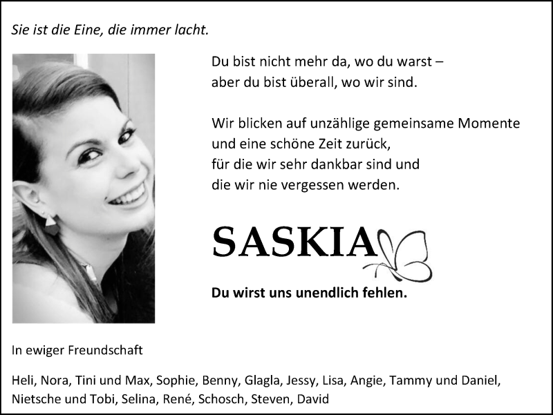  Traueranzeige für Saskia Schnarr vom 30.01.2016 aus  Kreisanzeiger