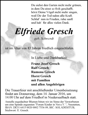 Traueranzeige von Elfriede Gresch von  Wiesbaden komplett