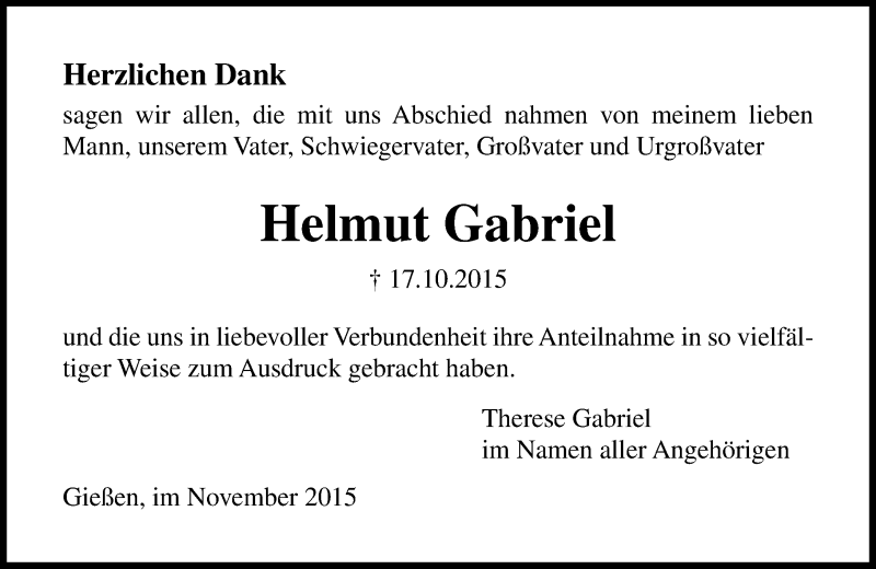  Traueranzeige für Helmut Gabriel vom 21.11.2015 aus  Gießener Anzeiger