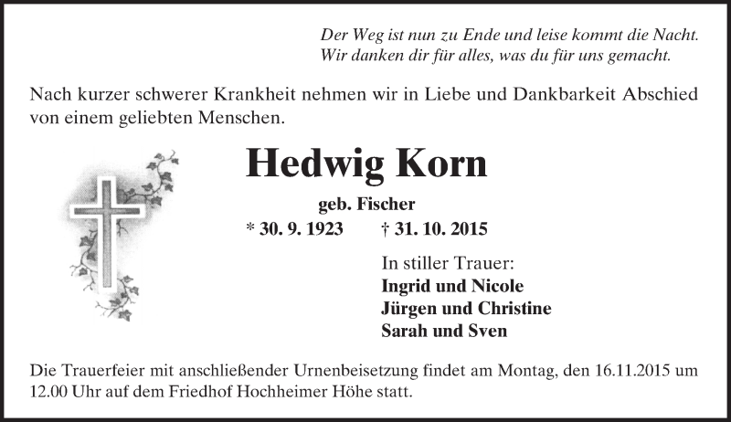  Traueranzeige für Hedwig Korn vom 12.11.2015 aus  Wormser Zeitung
