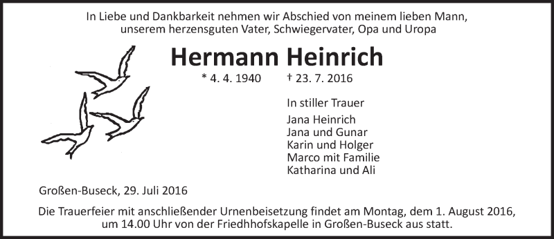  Traueranzeige für Hermann Heinrich vom 29.07.2016 aus  Gießener Anzeiger