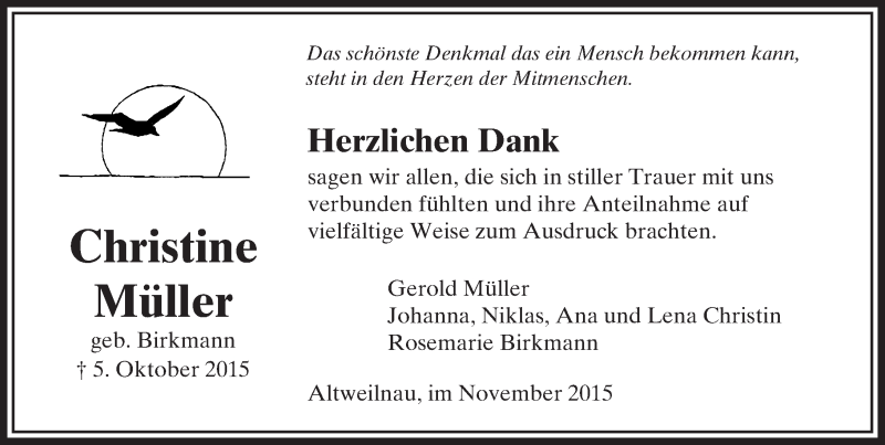  Traueranzeige für Christine Müller vom 21.11.2015 aus  Usinger Anzeiger