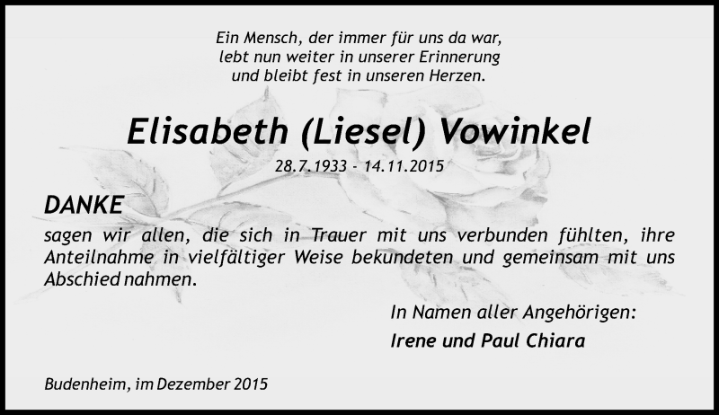  Traueranzeige für Elisabeth Vowinkel vom 05.12.2015 aus  Allgemeine Zeitung Mainz