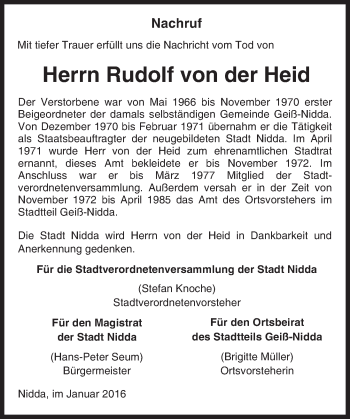 Traueranzeige von Rudolf von der Heid von  Kreisanzeiger