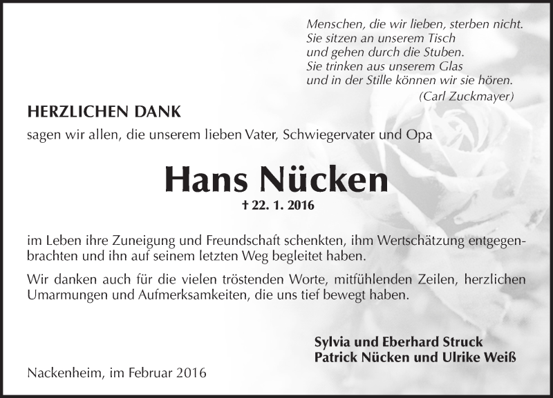  Traueranzeige für Hans Nücken vom 20.02.2016 aus  Allgemeine Zeitung Mainz