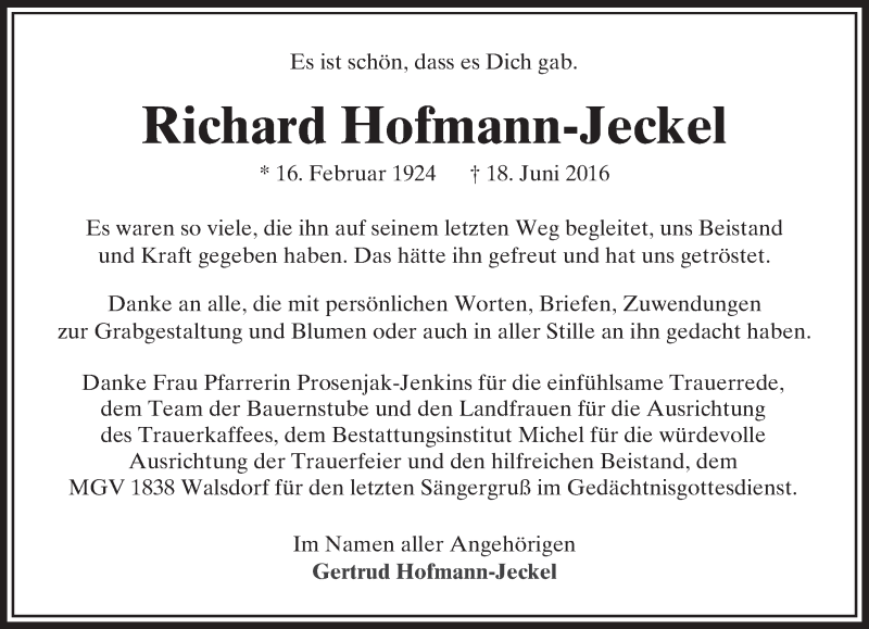  Traueranzeige für Richard Hofmann-Jeckel vom 14.07.2016 aus  Camberger Anzeiger