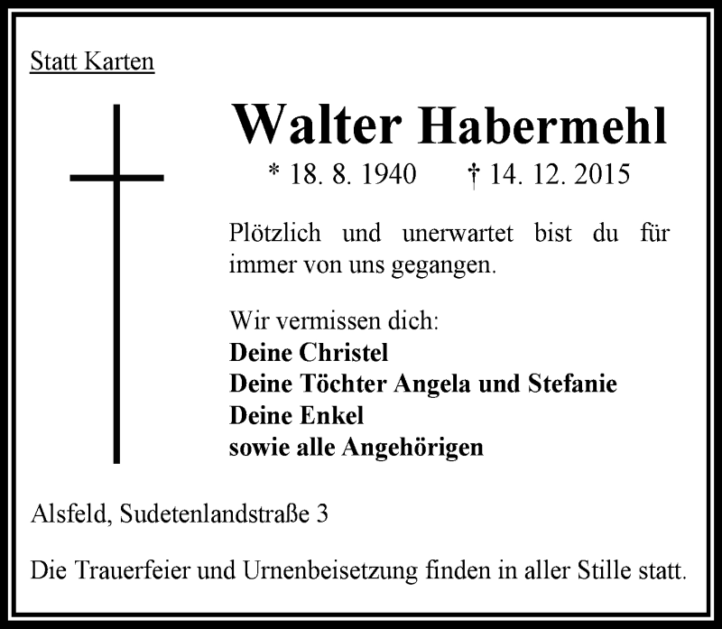  Traueranzeige für Walter Habermehl vom 19.12.2015 aus VRM Trauer