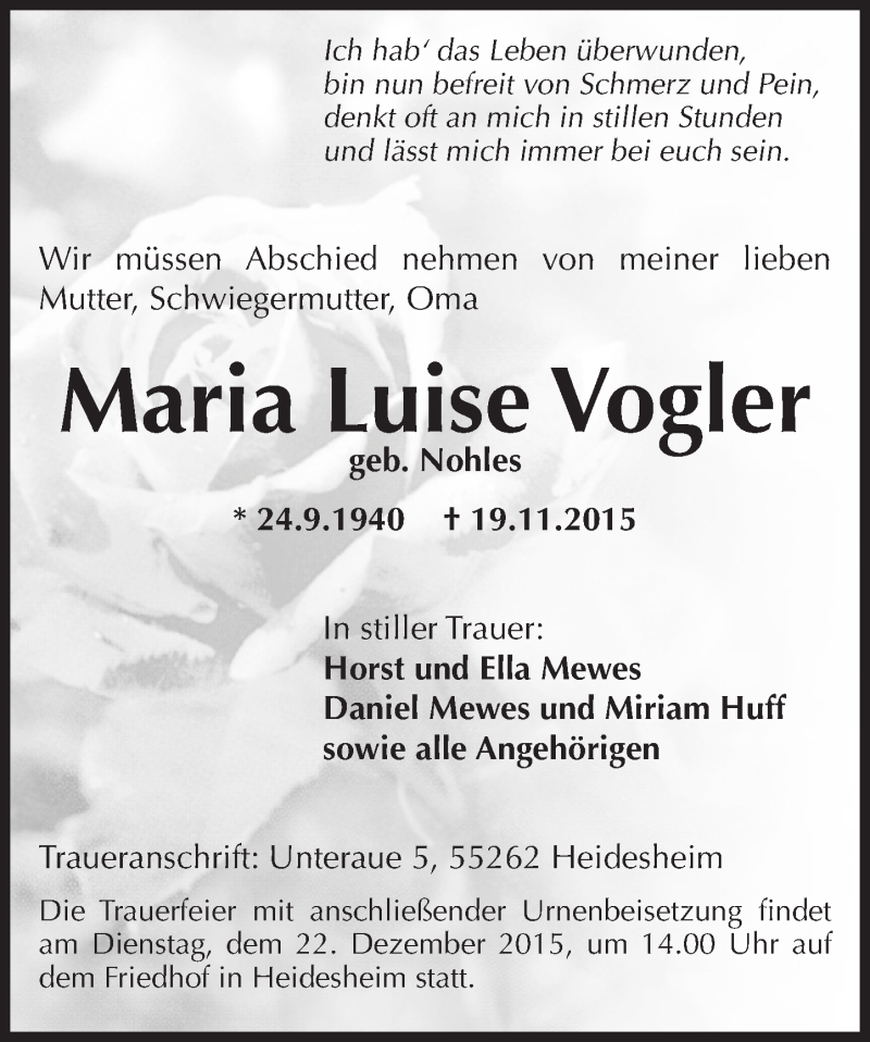  Traueranzeige für Maria Luise Vogler vom 12.12.2015 aus  Allgemeine Zeitung Mainz