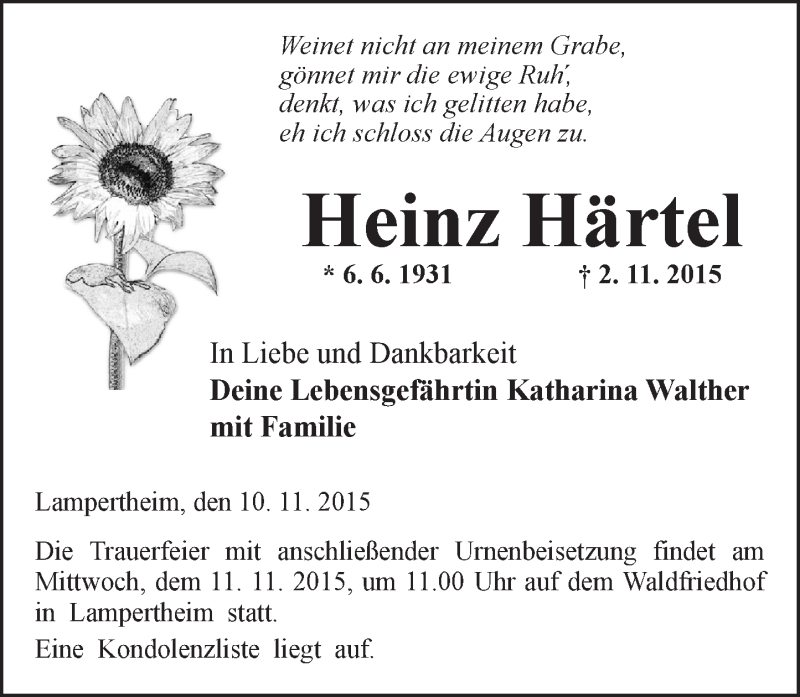  Traueranzeige für Heinz Härtel vom 10.11.2015 aus  Bürstädter Zeitung