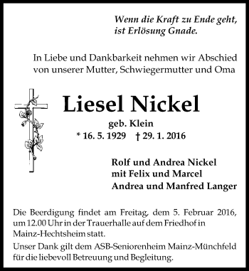 Traueranzeige von Liesel Nickel von  Allgemeine Zeitung Mainz