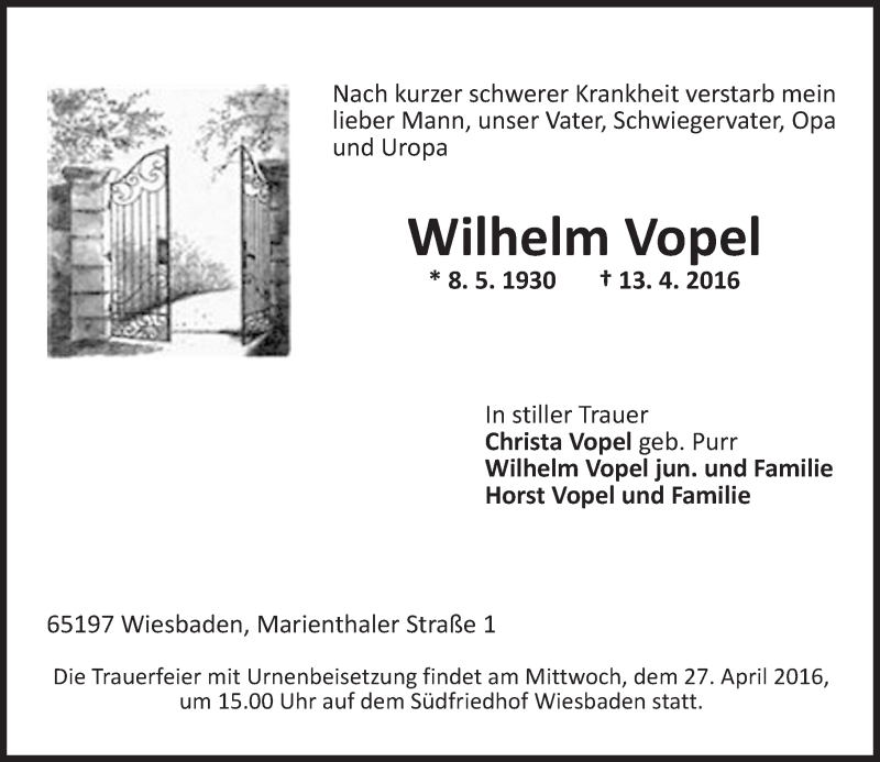  Traueranzeige für Wilhelm Vopel vom 23.04.2016 aus  Wiesbaden komplett