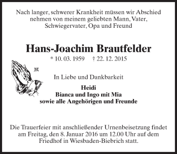 Traueranzeige von Hans-Joachim Brautfelder von  Wiesbaden komplett