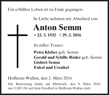 Traueranzeige von Anton Semm von  Hofheimer Zeitung