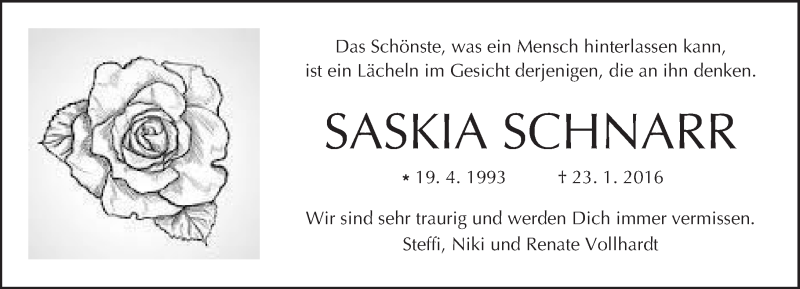  Traueranzeige für Saskia Schnarr vom 30.01.2016 aus  Kreisanzeiger