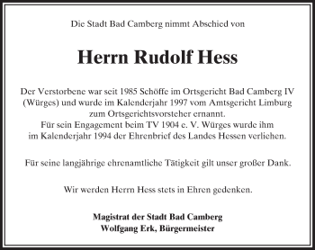 Traueranzeige von Rudolf Hess von  Camberger Anzeiger