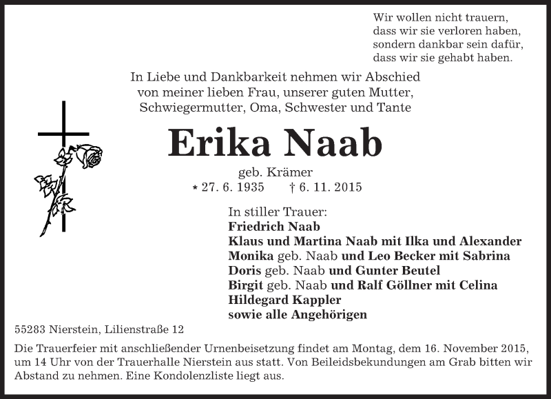  Traueranzeige für Erika Naab vom 12.11.2015 aus  Landskrone