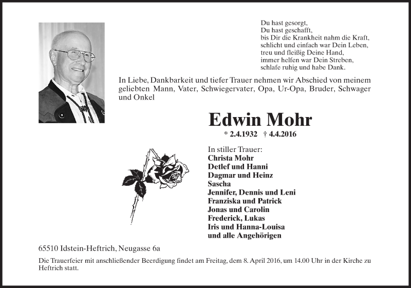  Traueranzeige für Edwin Mohr vom 06.04.2016 aus  Idsteiner Zeitung