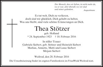 Traueranzeige von Thea Stötzer von  Usinger Anzeiger