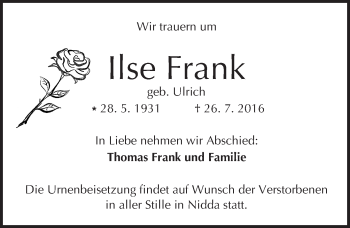 Traueranzeige von Ilse Frank von  Kreisanzeiger