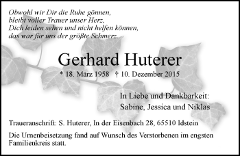 Traueranzeige von Gerhard Huterer von  Idsteiner Zeitung
