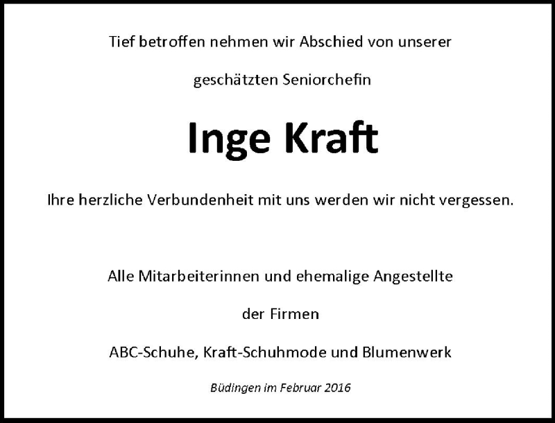  Traueranzeige für Inge Kraft vom 27.02.2016 aus  Kreisanzeiger