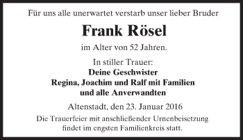 Traueranzeige von Frank Rösel von  Sonntags Anzeiger