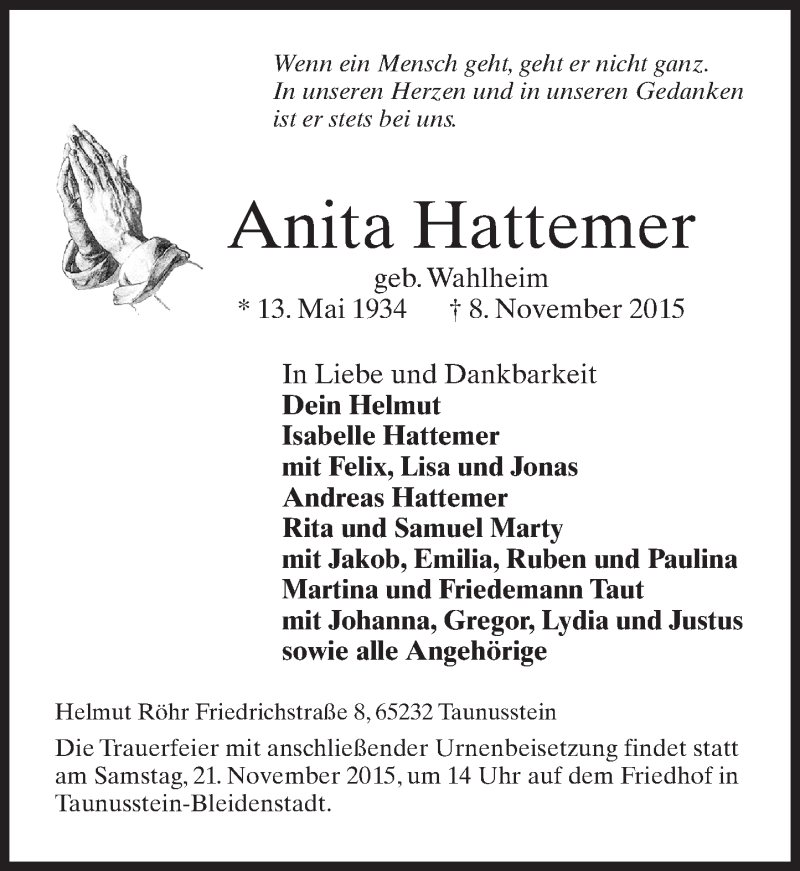  Traueranzeige für Anita Hattemer vom 14.11.2015 aus  Wiesbaden komplett