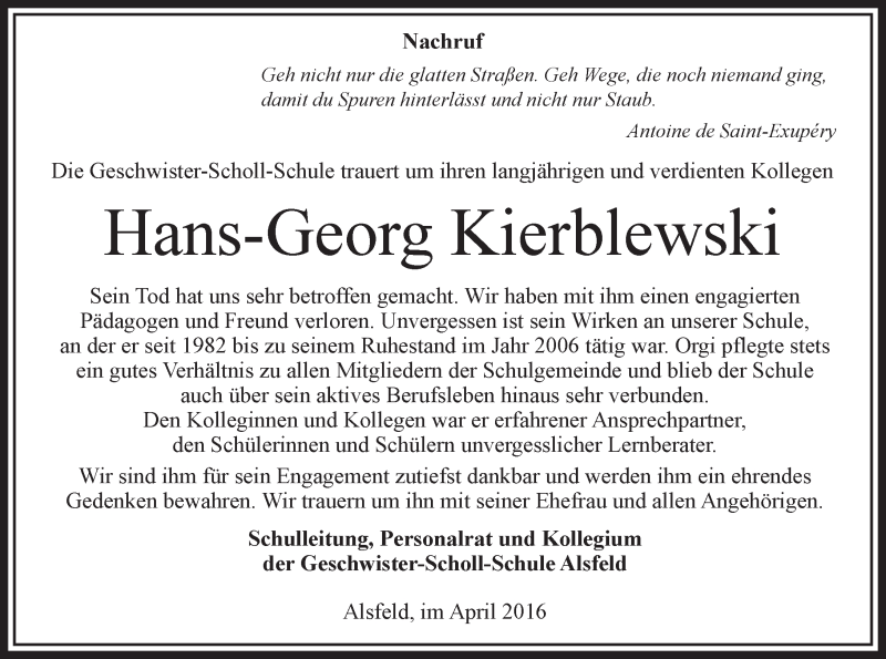  Traueranzeige für Hans-Georg Kierblewski vom 23.04.2016 aus VRM Trauer
